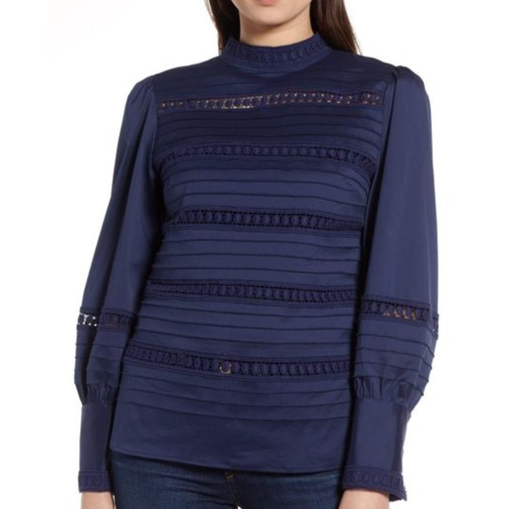 Halogen Lace Crochet Navy Blouse Shirt XS Petite